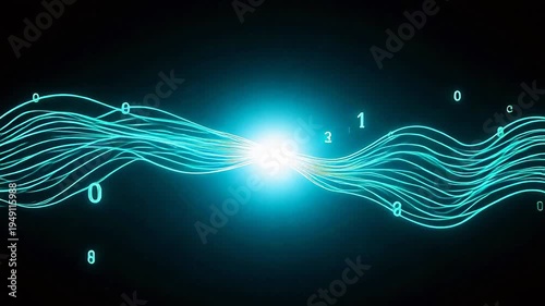 Futuristic digital data stream with glowing binary code flowing toward a central light source, symbolizing quantum computing, AI, and high-speed information transfer.