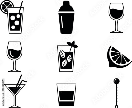 Collection of various cocktail glasses and drink ingredients
