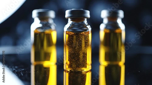 Three glass vials containing yellow liquid are arranged in a row, reflecting on a dark surface.