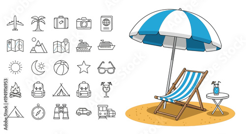 Travel and leisure outline icons with prominent beach scene for summer holidays in bright studio