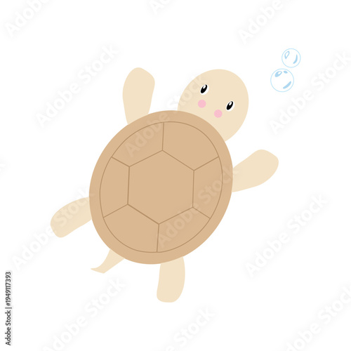 Cute pastel cartoon sea turtle with bubbles isolated on light background. Playful marine vector illustration for kids design, nursery decor, summer prints and ocean themed projects.