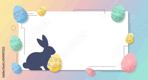 Dark silhouette bunny sitting among colorful patterned Easter eggs with a white rectangular frame on a soft pastel gradient background, festive and cheerful.