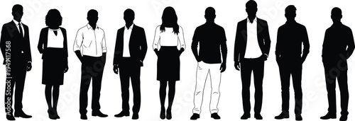 business people silhouette lineup, professional men women standing collection, corporate team characters, office workers group, leadership workplace vector