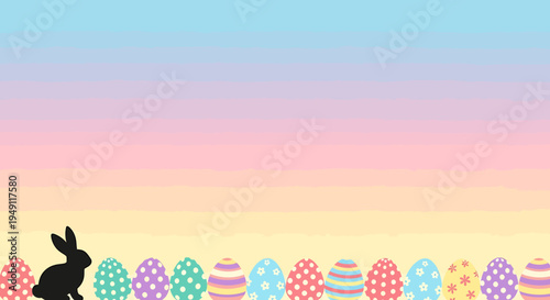 Black bunny silhouette standing next to a horizontal line of colorful pastel Easter eggs on a soft gradient background.