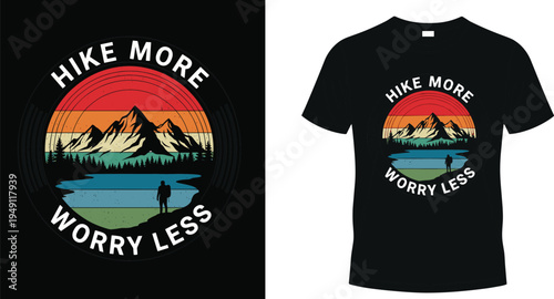 Hike more worry less retro sunset mountain t-shirt design with hiker silhouette in cad drawing flat vector illustration isolated.