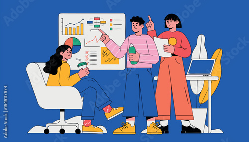 Diverse team of business professionals collaborating closely around a presentation board displaying charts and data analysis vector illustration