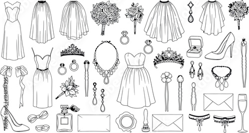 Collection of wedding dress accessories isolated on transparent background