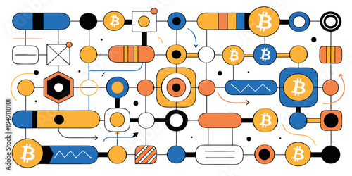 file Abstract vector illustration depicting a complex cryptocurrency blockchain network flow with integrated bitcoin symbols and technological components