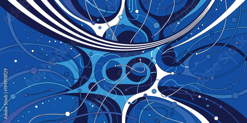 Abstract blue vector graphic design featuring swirling interconnected organic shapes and dynamic white flowing lines creating a sense of movement and technology