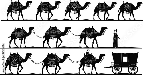 Camel caravan silhouettes set, desert travelers camels rider bedouin wagon arabian transport black vector illustration collection isolated design