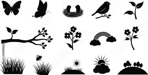 Silhouette of various insects and plants isolated on transparent background