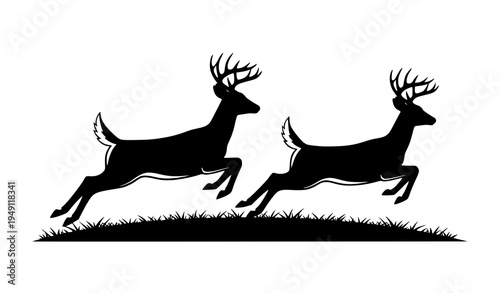 Leaping White Tailed Deer Silhouette Pair Rustic Wildlife Vector Illustration