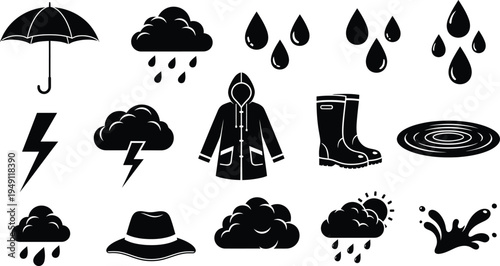 Silhouette of rainy weather icons isolated on transparent background