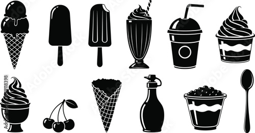 Silhouette of various ice cream treats isolated on transparent background