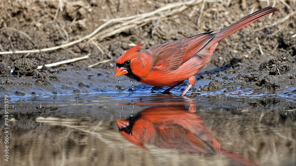 Obraz premium Red Cardinal Drinking Water By The Water