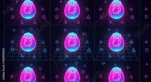 Futuristic grid pattern of glowing neon Easter eggs with subtle bunny silhouettes, set against a dark digital background.