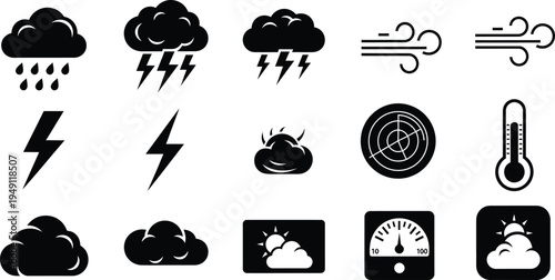 Weather forecast icons silhouette isolated on transparent background