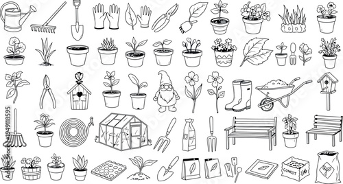 Gardening tools and supplies isolated on transparent background