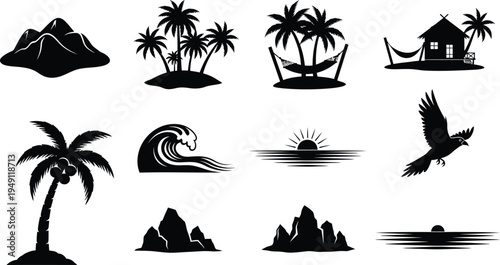 Tropical island silhouette icons isolated on transparent background
