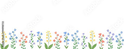 Flower banner frame or greeting card with wildflowers. Vector banner template with flowers and leaf.