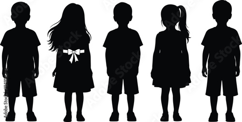 Children silhouette collection, boys and girls standing set, kids vector silhouettes, childhood people figures isolated black illustration