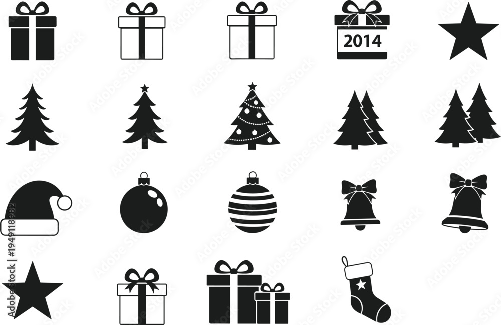 Fototapeta premium Christmas icon silhouettes set, gift box tree ornament bell stocking star Santa hat holiday black vector collection isolated design