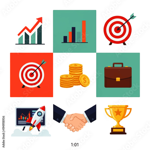 Flat design illustration vector graphic depicting business success icons including targets, graphs, briefcase, coins, handshake, and trophy in a colorful, organized composition.