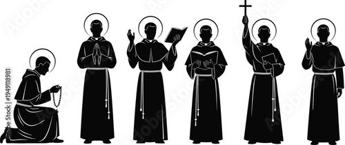christian monk silhouette set, catholic priest praying reading bible holding cross, religious clergy figures collection, faith spirituality concept vector