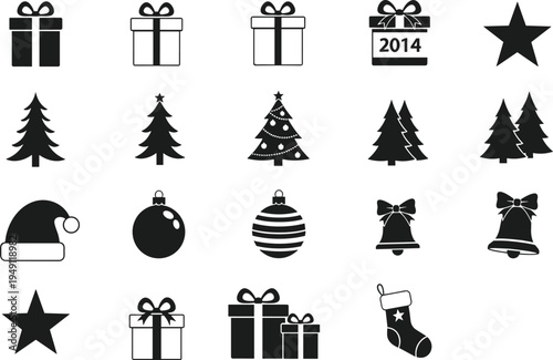 Christmas icon silhouettes set, gift box tree ornament bell stocking star Santa hat holiday black vector collection isolated design