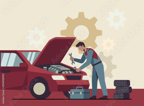 Auto mechanic repairing a red car engine with tools in a garage or workshop service station.
