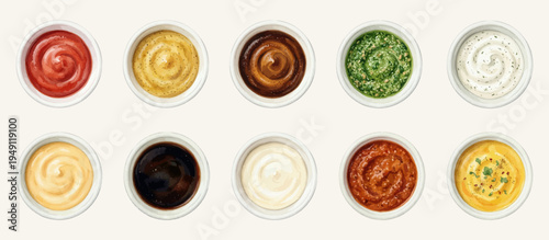 Watercolor vector sauce set: ketchup, mustard, barbecue, pesto, ranch, cheese, soy, mayonnaise, romesco, curry