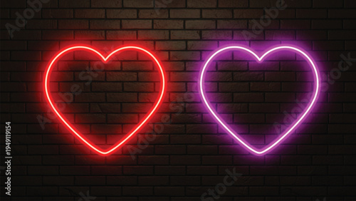 Two glowing red and purple neon heart signs on dark brick wall background.