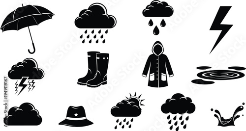 Weather icons silhouette isolated on transparent background