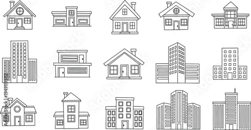 A set of 12 black and white line drawings of houses and buildings isolated on transparent background