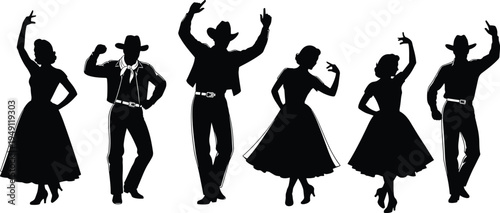 Country dance silhouette set, cowboy and western dancers men women retro rockabilly style black vector illustration collection