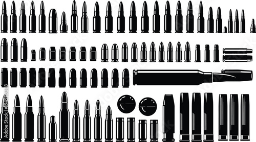 Collection of ammunition bullet silhouettes, various caliber cartridges vector set, firearm ammo icons, isolated black military weapon illustration bundle