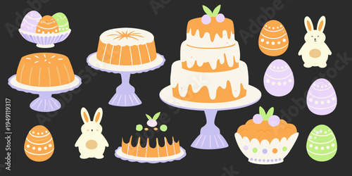 Colorful easter treats and a bunny illustration on a dark background