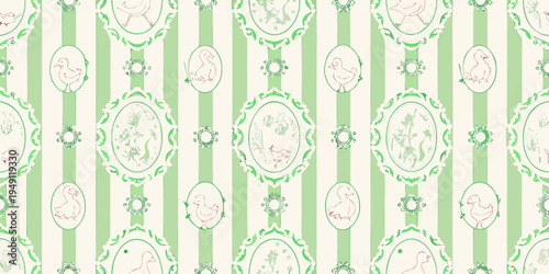 Vintage repeating pattern with birds in ornate frames and green stripes