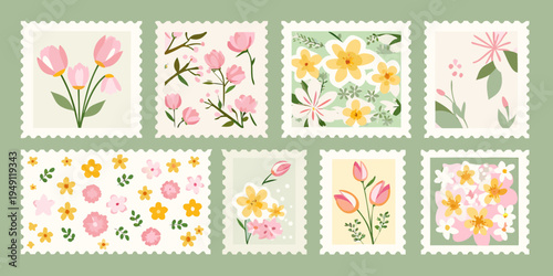 Collection of vintage floral postage stamps with delicate botanical illustrations