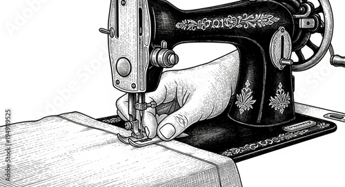 Vintage Sewing Machine Stitching Fabric with Hand Guidance.