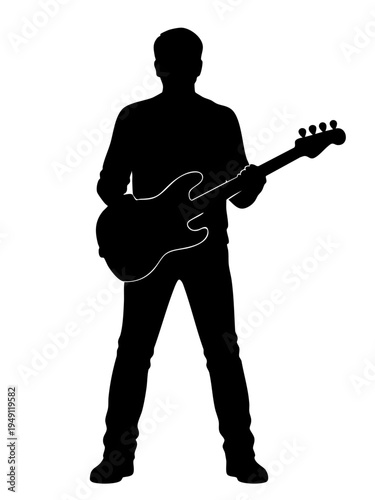 Black silhouette of standing guitarist holding electric guitar in full length front view isolated on transparent background. Concept of live music, stage performance, concert branding