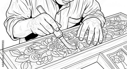 Craftsman meticulously carving intricate details into a wooden panel.