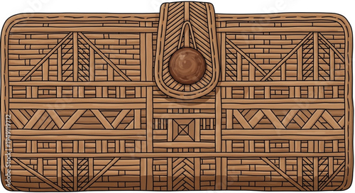 Intricately Woven Wallet with Geometric Patterns and Button Closure.