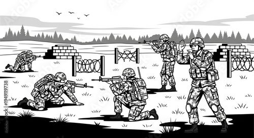 Military Unit in Action - Soldiers Training on Obstacle Course.