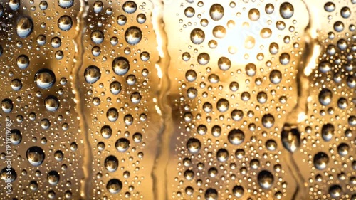 Close-up of water droplets on a window with golden sunlight shining through.