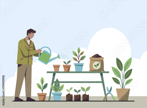 Gardener watering green plants and seedlings in a greenhouse or backyard garden setting.