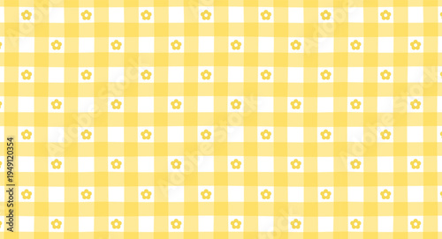 Seamless yellow gingham pattern with daisy flowers. Cute spring background in vichy style. Repeating vector print for textile, fabric, tablecloths and kitchen design.
