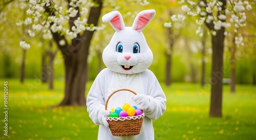 A person dressed in a white Easter bunny costume holding a basket of colorful eggs in a park with blooming trees