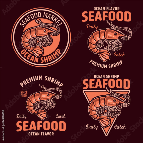 Shrimp set of vintage vector emblems in colored style for seafood branding. Retro badge design suitable for restaurants, fish markets and gourmet packaging