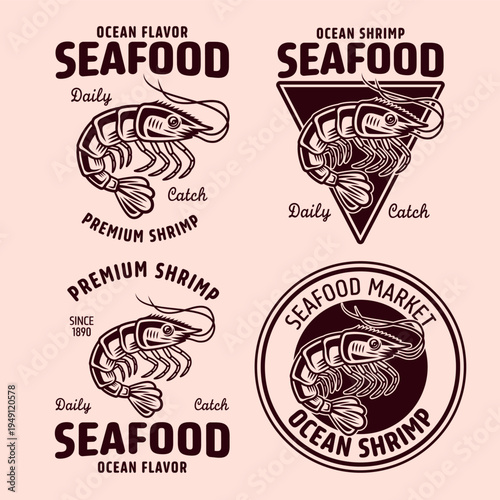 Shrimp set of vintage vector emblems in engraving style for seafood branding. Retro badge design suitable for restaurants, fish markets and gourmet packaging
